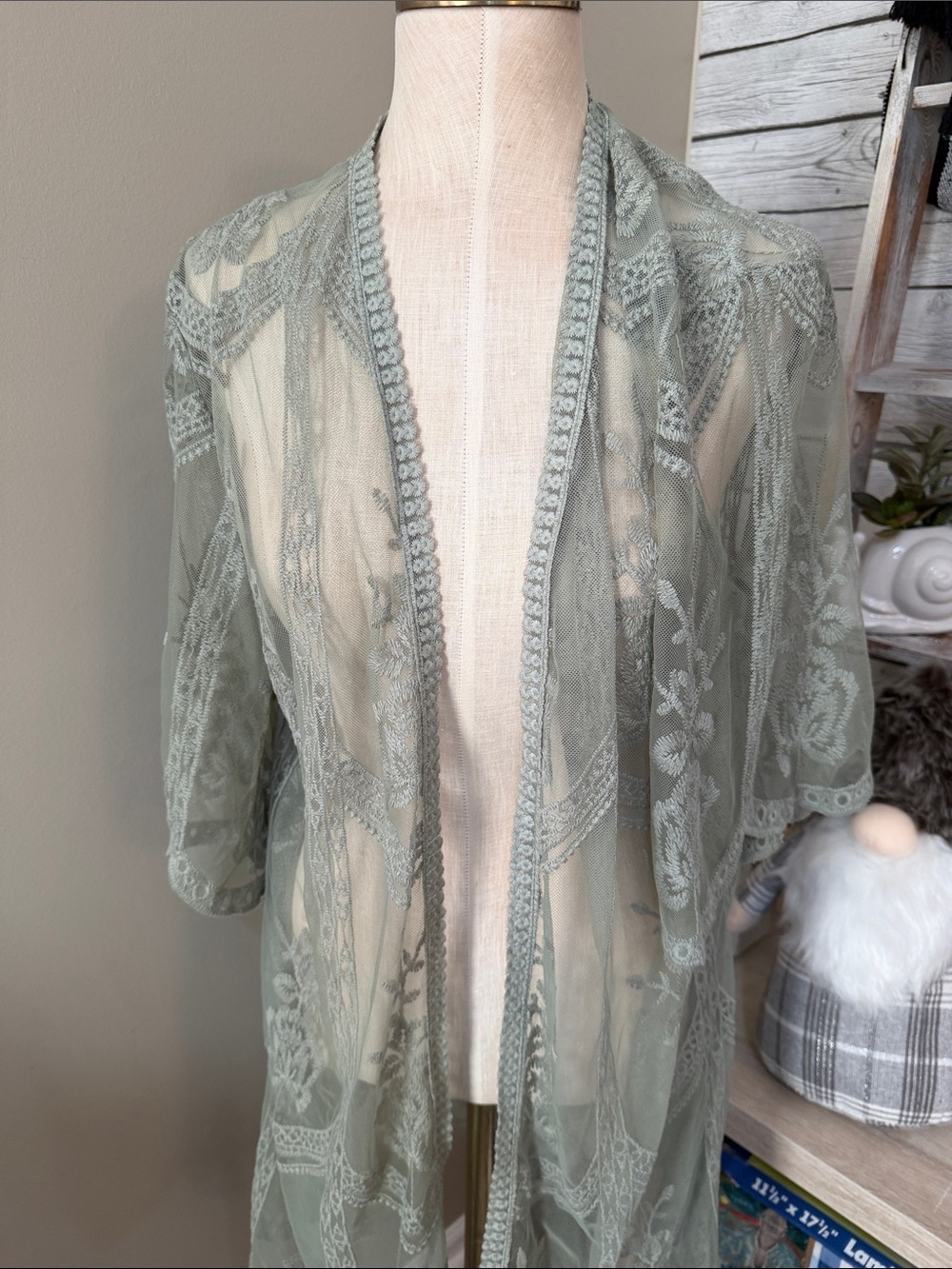 Sheer Lace Kimono Duster in Sage Green